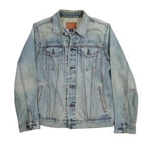 Gap 1969 Denim Trucker Jacket Mens M Light Wash Distressed Leather Patch Y2K Vtg